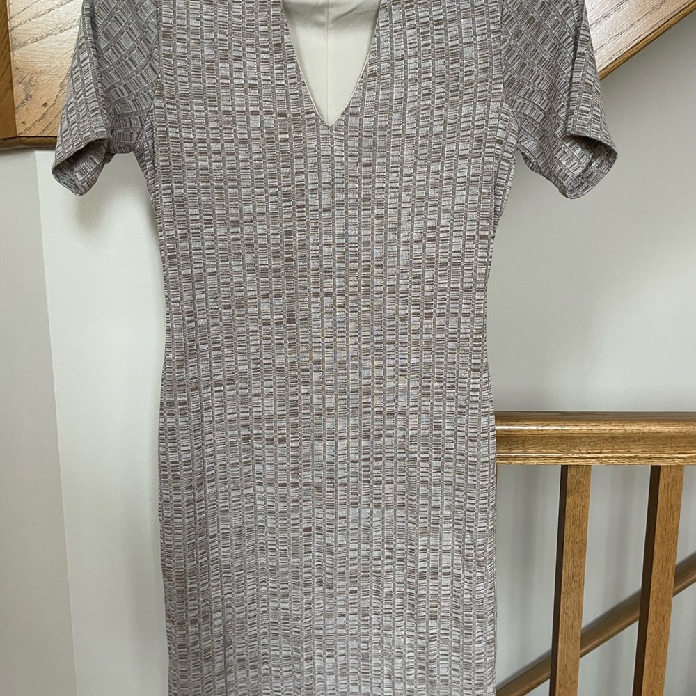 Love Reign Taupe Textured Short Sleeve V-Neck Dress
